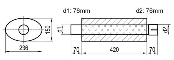 Universal Schalldämpfer, oval mit 76mm Ein und Ausgangsflansch